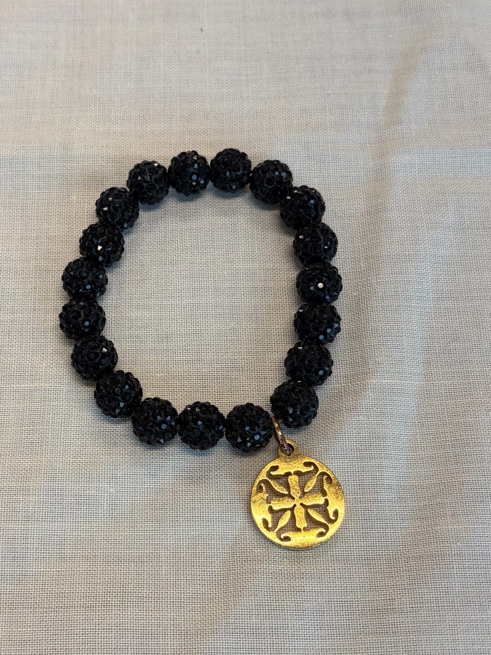 Black Beaded Bracelet with Gold Charm - Men Accessories